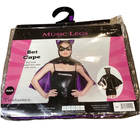 Bat Cape Costume Adult Black Purple Wet Look Hooded Halloween - NWT - Picture 1 of 4